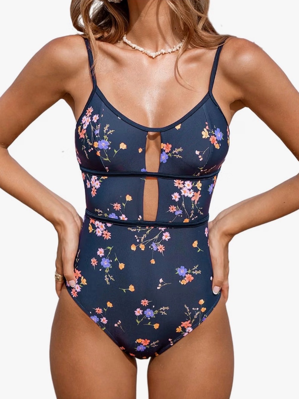 Cupshe Navy Floral One-Piece Monokini Swimsuit with Cutout